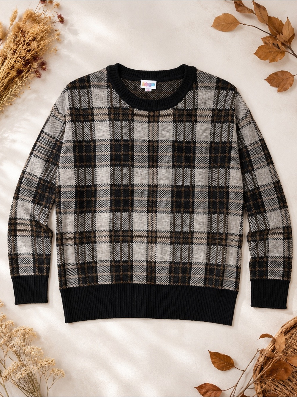 New LuLaRoe Harper Knit Sweater Small Brown Black Plaid Crewneck Pullover
